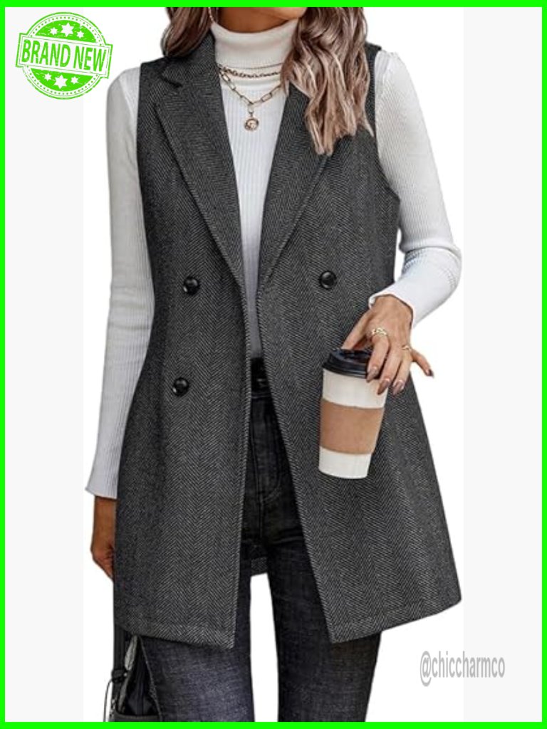 Sleeveless Herringbone Tweed Vest Blazer Jacket For Women